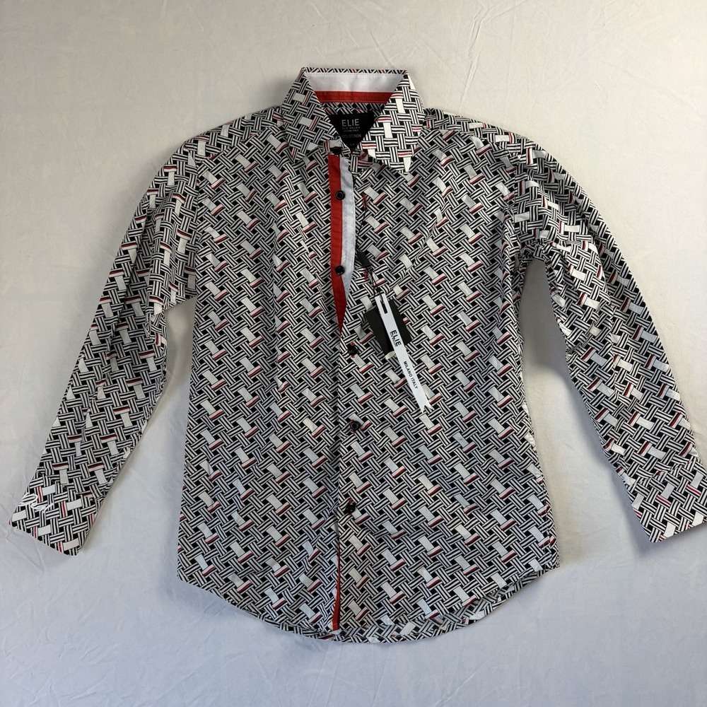 NWT ELIE BALLEH boys Geometric Dress Shirt Red/black/white Size 8‎ Made In Italy